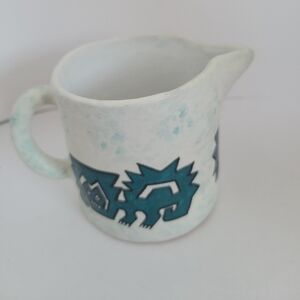 Peruvian Pottery Creamer Lima Peru Symbol Folk Art Bluish Green Black Accents